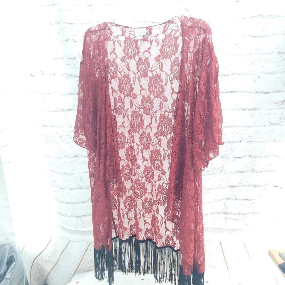 Lularoe Monroe Rust Red Roses Black Fringe Short Sleeve Size Small Open Cardigan